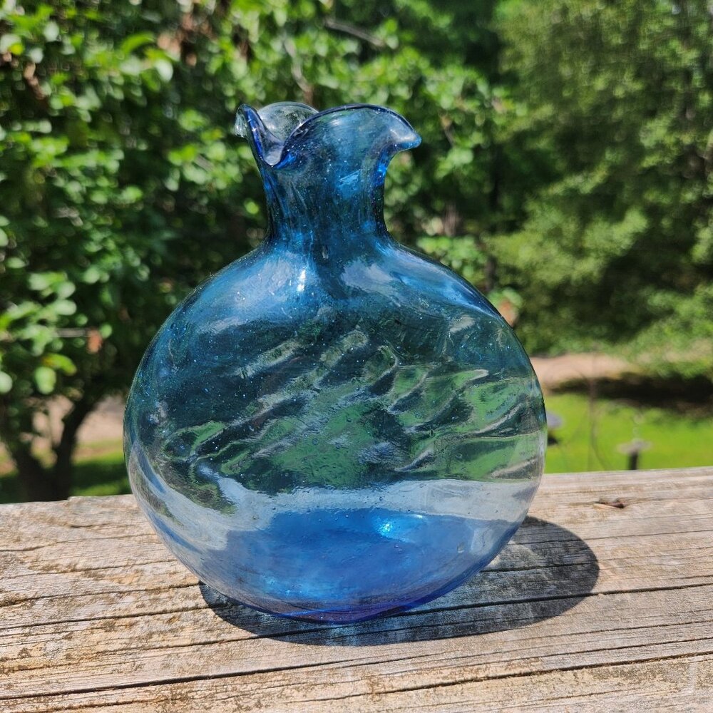 Blue Art Glass Vase Ruffle Top Organic Shape Air Bubbles Swirl Optic Design 6" V